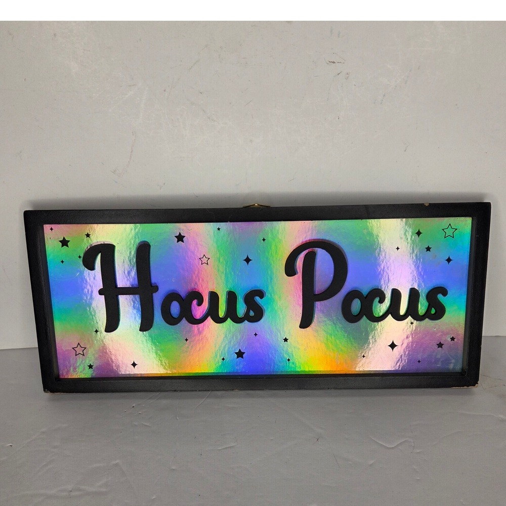 Hocus Pocus Holographic Halloween Wooden Wall Decor Sign Black Frame